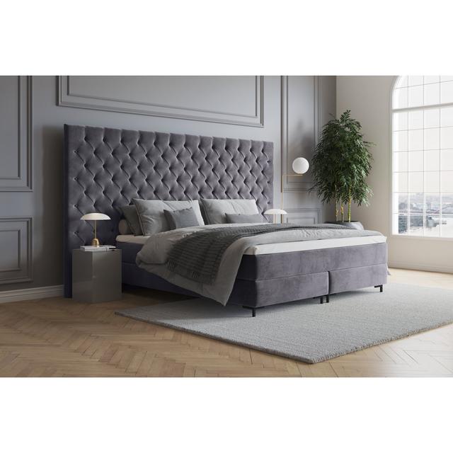 Echtes Boxspringbett Ajala mit Premium Visco Topper, mit Samtstoff bezogen Canora Grey Matratzenhärte: H3 - ca. 75-100 kg, Farbe: Hellgrau, Größe: 120 on Productcaster.