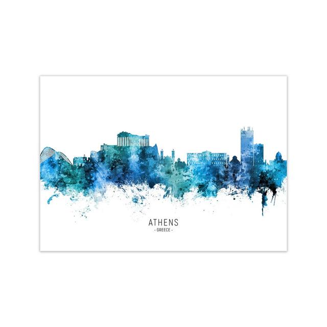 Athens Greece Skyline Blue City Name by Michael Tompsett - Graphic Art Ebern Designs Format: Unframed, Size: 60cm H x 84cm W x 1cm D on Productcaster.