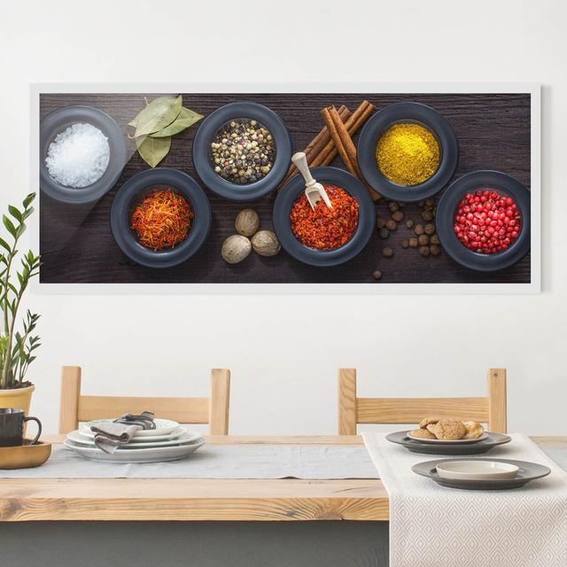 Black Bowls with Spices - Picture Frame Photograph Ebern Designs Size: 30cm H x 70cm W x 2cm D, Frame Option: White Framed on Productcaster.