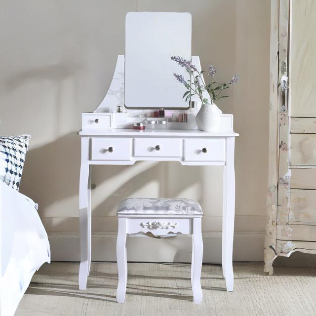 Alaizah White Dressing Table, Mirror and Stool, Makeup Desk, Bedroom Furniture Latitude Run on Productcaster.