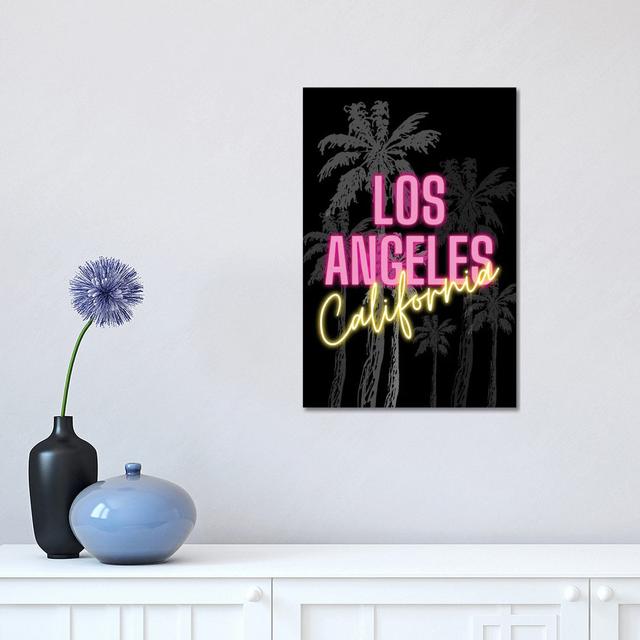 Neon Los Angeles California Design On Palm Tree Background by Design Harvest - Wrapped Canvas Typography Latitude Run Size: 45.72cm H x 30.48cm W x 1. on Productcaster.