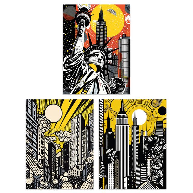 New York City Yellow Orange Statue Of Liberty Skyscrapers - 3 Piece No Frame Print Set George Oliver Size: 40.5cm H x 30.5cm W x 0.3cm D on Productcaster.