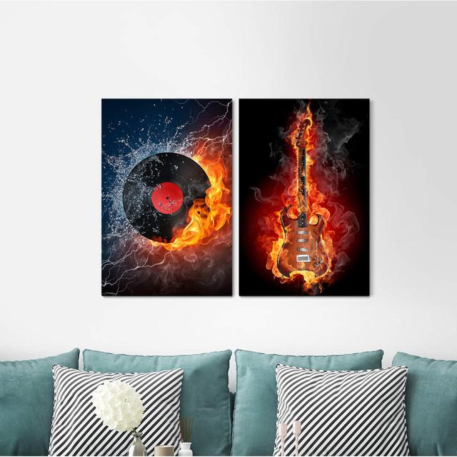 2-tlg. Leinwandbilder-Set - Grafikdruck „Electric Guitar Flamen Fire Hot Music Rock Chess Piece” East Urban Home on Productcaster.