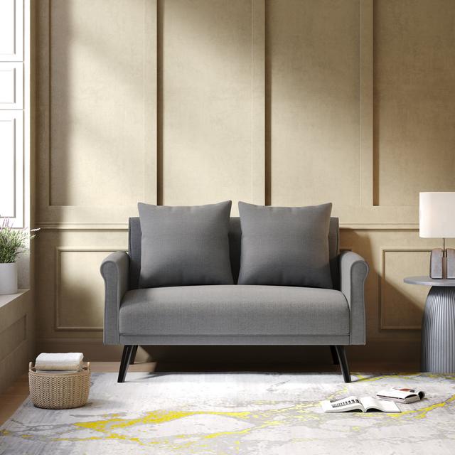 Wide Linen Upholstered Love Seat With Rolled Arms George Oliver Upholstery Colour: Dark Blue on Productcaster.