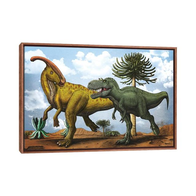 Gorgosaurus Dinosaur Chasing After a Parasaurolophus by Aram Papazyan - Painting on Canvas Happy Larry Frame Option: White, Size: 66.04cm H x 101.6cm on Productcaster.