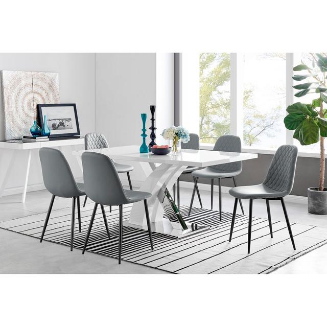 Marietta Chrome Metal and White High Gloss Dining Table Set - 6 Luxury Faux Leather Dining Chairs Canora Grey Colour (Chair): Grey on Productcaster.