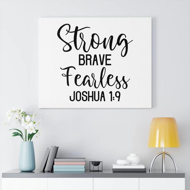 Strong Brave Fearless Joshua 1:9 - Wrapped Canvas Typography Blue Elephant Size: 30cm H x 41cm W on Productcaster.