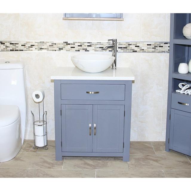 Roden 751mm Single Bathroom Vanity with Vessel Stone Basin Brayden Studio Basin Finish: White, Top Finish: White Quartz, Vanity Unit Colour: Grey on Productcaster.