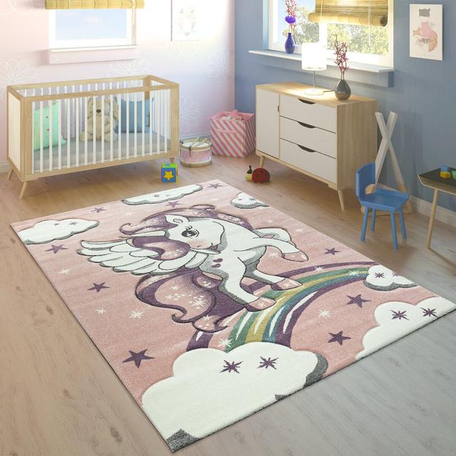 Elior Machine Woven Pink/White Rug Zoomie Kids on Productcaster.