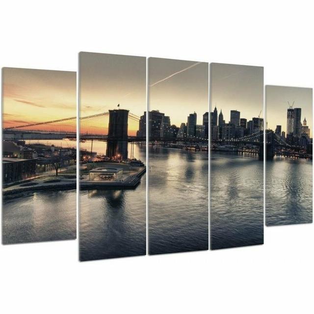 5-tlg. Leinwandbild-Set Die Brooklyn Bridge und Manhattan bei Sonnenuntergang Brayden Studio Größe: 120 cm H x 250 cm B on Productcaster.