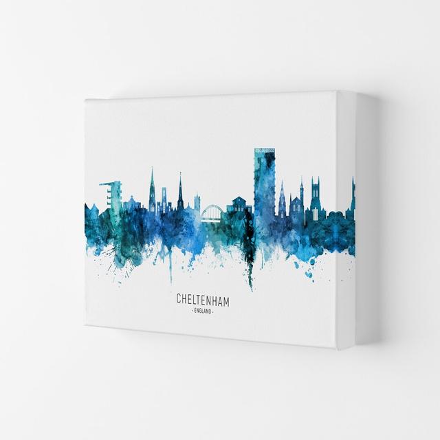 Cheltenham England Skyline Blue City Name by Michael Tompsett - Print Ebern Designs Size: 29.7cm H x 42cm W x 4cm D, Format: Wrapped Canvas on Productcaster.