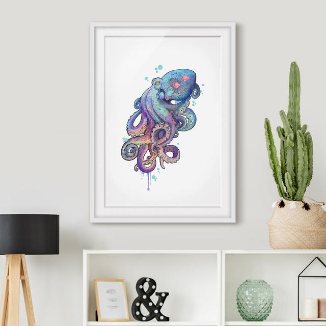 Picture With Frame - Illustration Octopus Purple Turquoise Painting - Portrait 4:32 Highland Dunes Size: 40cm H x 30cm W x 2cm D, Frame Option: White on Productcaster.