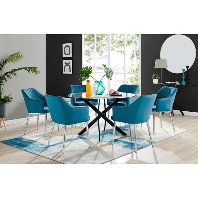 Novara Black Leg Round Glass Dining Table & 6 Green Calla Silver Leg Chairs Furniture Box Colour (Chair): Blue/Silver on Productcaster.