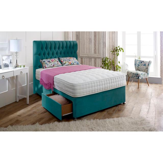 Chesterfield Divan Base 17 Stories Storage Type: No Drawer, Size: Double (4'6), Colour: Teal on Productcaster.