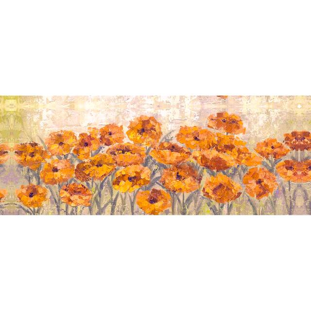 Golden Sunset Flowers - Wrapped Canvas Painting Rosalind Wheeler Size: 61cm H x 91cm W x 3.8cm D on Productcaster.