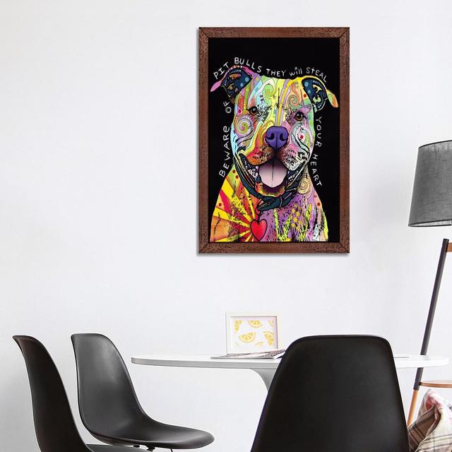 'Beware of Pit Bulls' by Dean Russo - Floater Frame Graphic Art Print on Canvas Ebern Designs Frame Option: Brown Framed, Size: 66.04cm H x 45.72cm W on Productcaster.