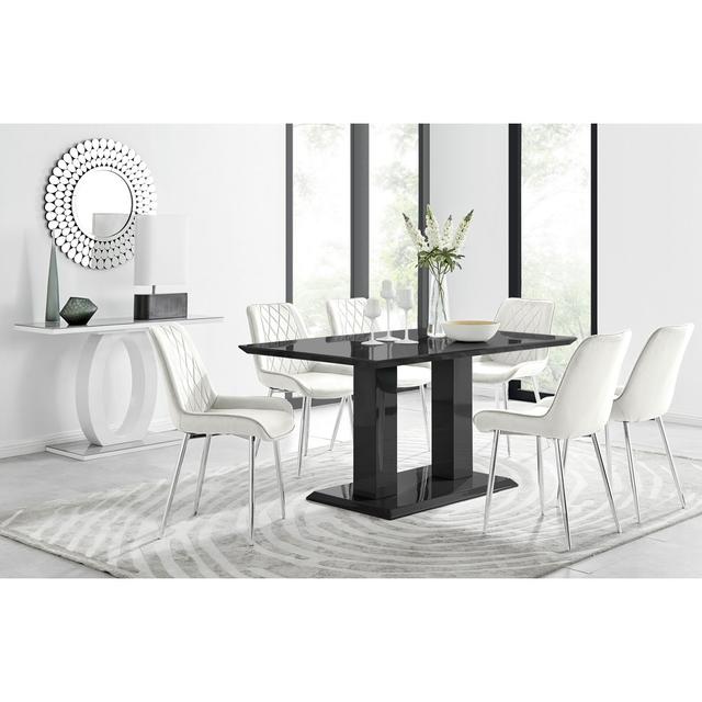 High Gloss 6 Seat Rectangular Dining Table Set with Luxury Velvet Dining Chairs Furniture Box Colour: Black, Colour (Chair): Cream/Silver on Productcaster.