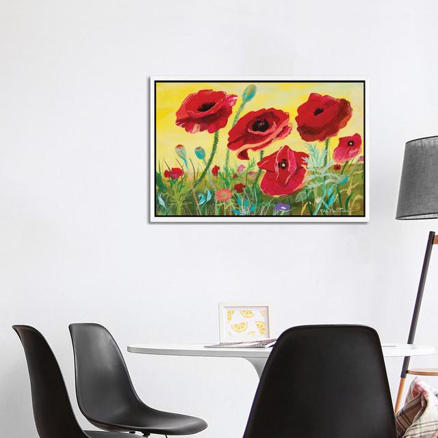 Victory Red Poppies II by Robin Maria - Painting on Canvas Rosalind Wheeler Size: 66.04cm H x 101.6cm W x 3.81cm D, Format: White Floater Frame on Productcaster.