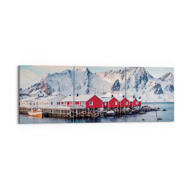 3-tlg. Leinwandbilder-Set Lofoten Village Fishing Union Rustic Größe: 50 cm H x 150 cm H x 1,8 cm T on Productcaster.