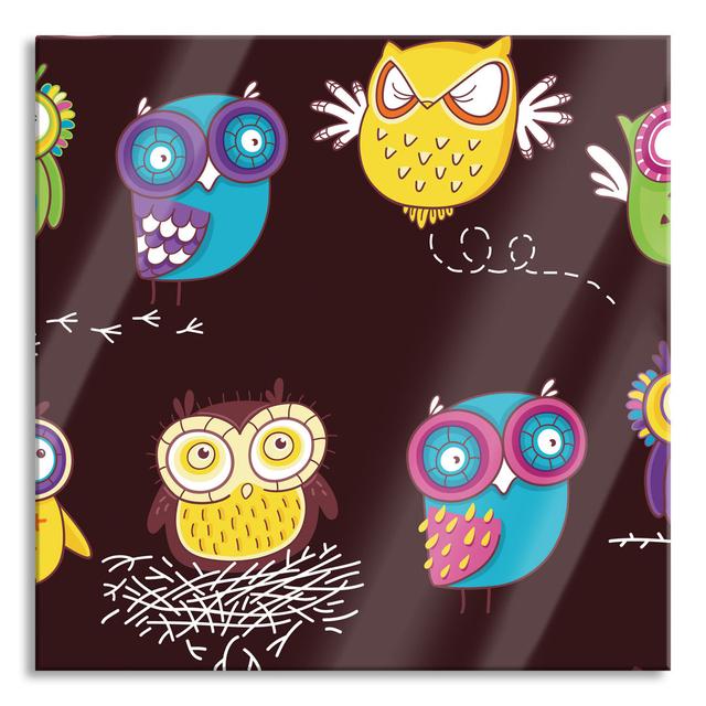 Crazy Owls For Kids - No Frame Print on Glass Union Rustic Size: 70cm H x 70cm W x 0.4cm D on Productcaster.