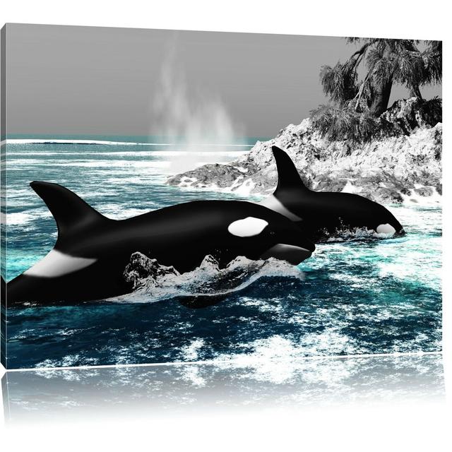 Leinwandbild ,,Orcas vor Insel", Grafikdruck East Urban Home Format: Eingewickelte Leinwand, Größe: 40 cm H x 60 cm B, Farbe: Grün on Productcaster.