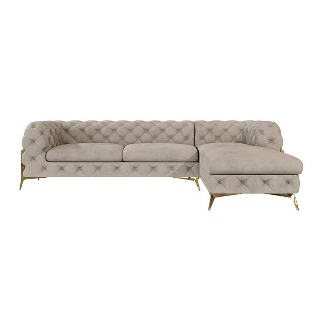 Corner sofa with ottoman Chesterfield Anca with golden metal feet Canora Grey Upholstery Colour: Dark Cream, Orientation: Right facing on Productcaster.