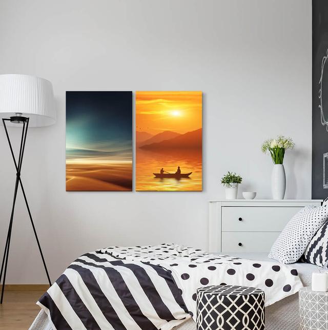 2-tlg. Leinwandbilder-Set - Fotografie „Desert Sahara Boat Lake Lake Mountains Sunset Idyllic” East Urban Home on Productcaster.