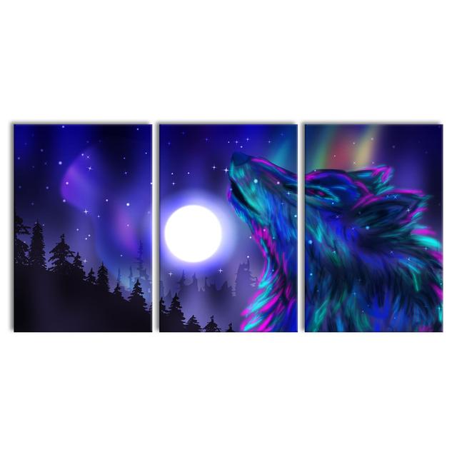 Abstrakter Wolf Mit Mond - 3 Piece Wrapped Canvas Print East Urban Home Size: 120cm H x 240cm W on Productcaster.