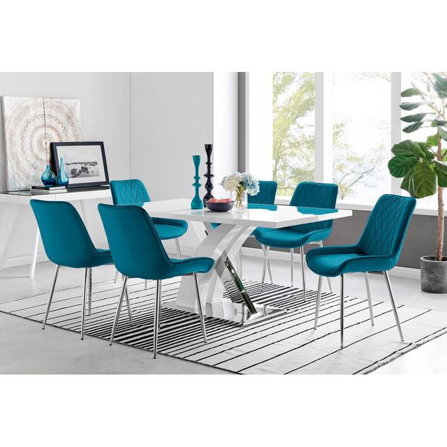 Marietta Chrome Metal & White High Gloss Dining Table Set - 6 Luxury Velvet Dining Chairs Canora Grey Colour (Chair): Blue/Silver on Productcaster.