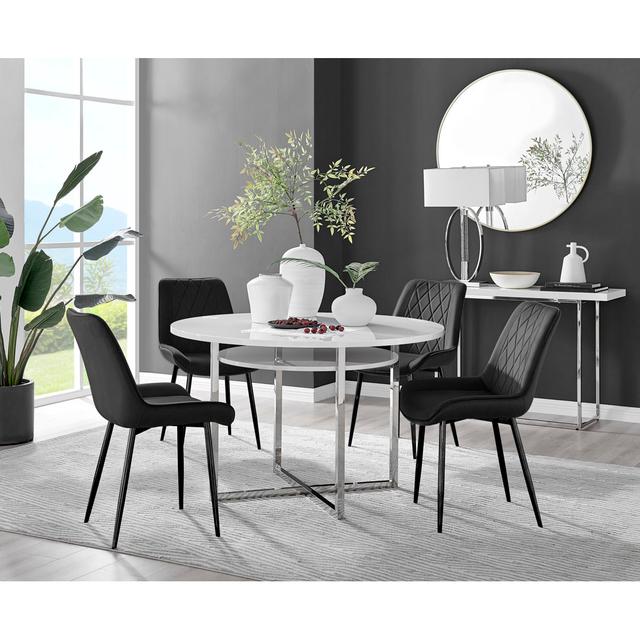 Adler Gloss & Chrome Round Dining Table Set with Shelf & 4 Luxury Velvet Dining Chairs Canora Grey Chair Colour: Black/Black on Productcaster.