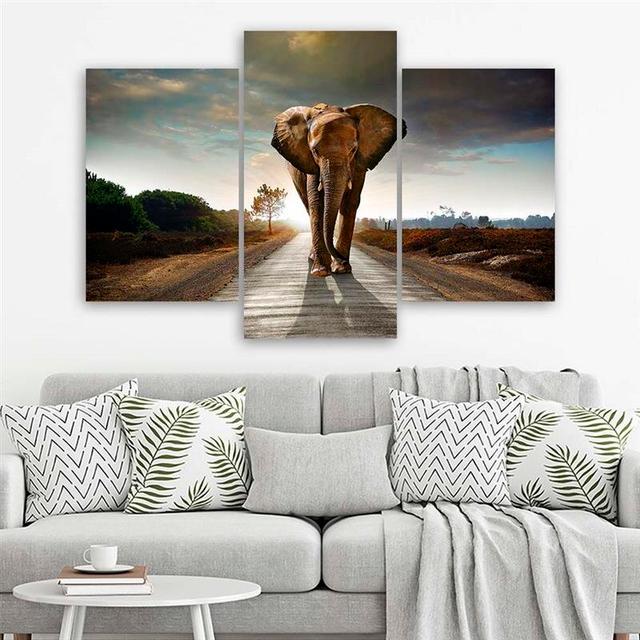 Elephant on the Road - 3 Piece Wrapped Canvas Photograph Print Set 17 Stories Size: 80cm H x 120cm W on Productcaster.