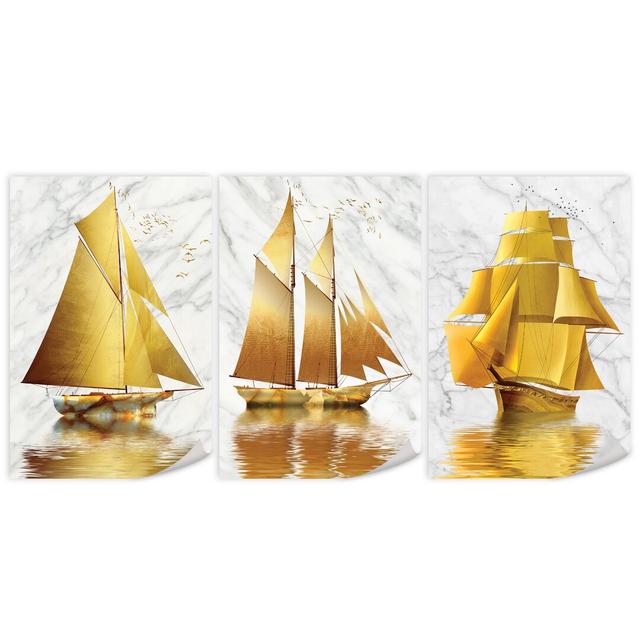 Golden Boat - 3 Piece Graphic Art Set on Canvas Clock Canvas Format: Unframed, Size: 100cm H x 225cm W x 0.1cm D on Productcaster.