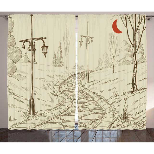 2-tlg. Vorhang-Set Park Alley with Stone Road and Lanterns at Night Time Areas Sketch mit Stangendurchzug, halbtransparent East Urban Home Panel-Größe on Productcaster.