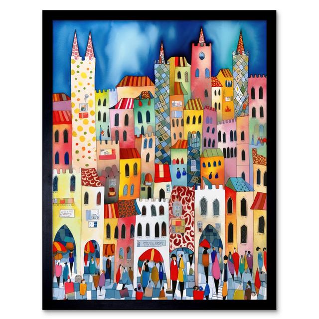 Busy Street Vertical Cityscape Folk Art Watercolour Painting Artwork Framed Wall Art Print 9X7 Inch ClassicLiving on Productcaster.