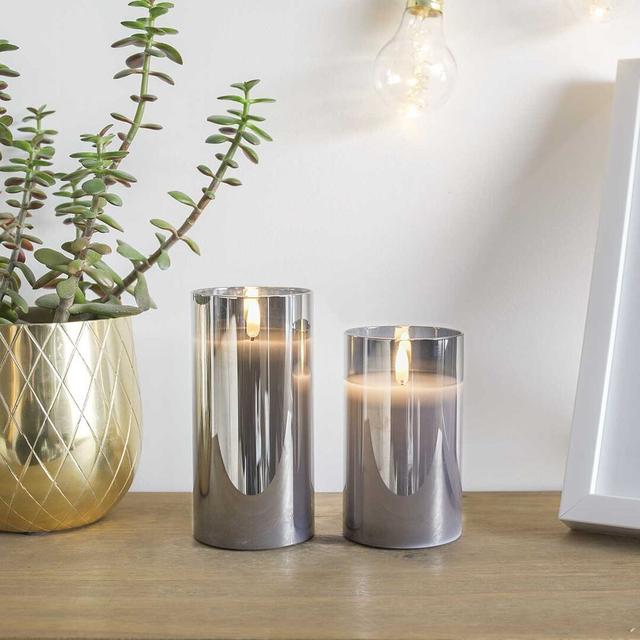 Grey Glass LED Light Up Authentic Flame Candles The Seasonal Aisle Size: 10cm H x 7.5cm W x 7.5cm D on Productcaster.