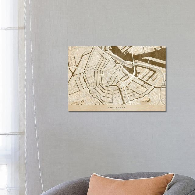 Sepia Vintage Map Of Amsterdam by Blursbyai - Gallery-Wrapped Canvas Giclée on Canvas Lark Manor Format: Wrapped Canvas, Size: 45.72cm H x 66.04cm W x on Productcaster.