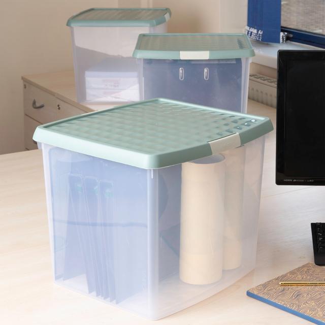 Wham Clip 3x 37L Square Plastic Storage Boxes with Secure Clip Lock Lids. L:39.5 x W:39.5 x H:33.5cm Clear/Green Milieu/Stone (Set of 3) Wham Colour: on Productcaster.