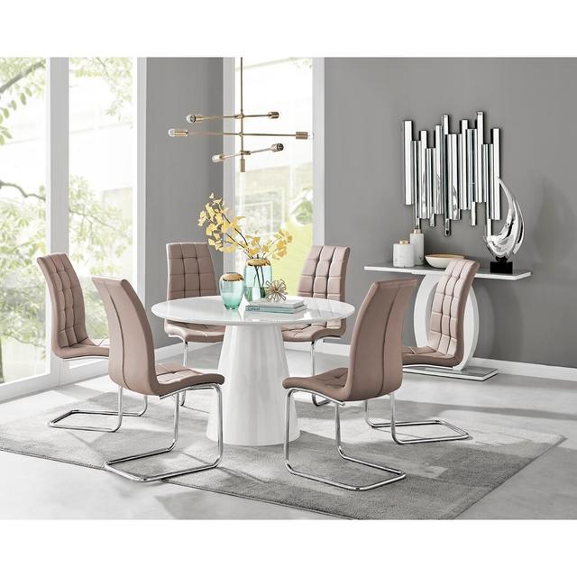 Edzard Statement Pedestal Round Dining Table Set & 6 Luxury Velvet Dining Chairs Canora Grey Table Colour: White, Colour (Chair): Cappuccino on Productcaster.