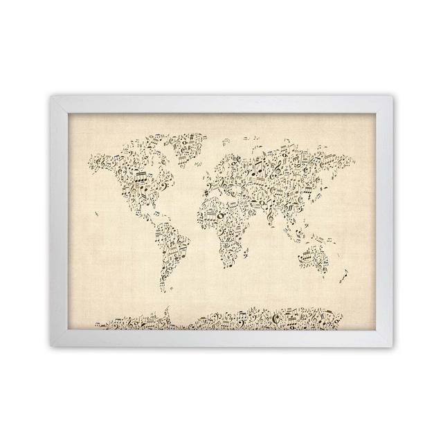 Music Notes Map Of The World Art Print By Michael Tompsett Happy Larry Format: White Framed, Size: 25cm H x 34cm W x 3cm D on Productcaster.