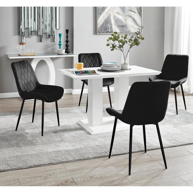 High Gloss 4 Seat Rectangular Dining Table Set with Luxury Velvet Dining Chairs Furniture Box Colour: White, Colour (Chair): Black on Productcaster.