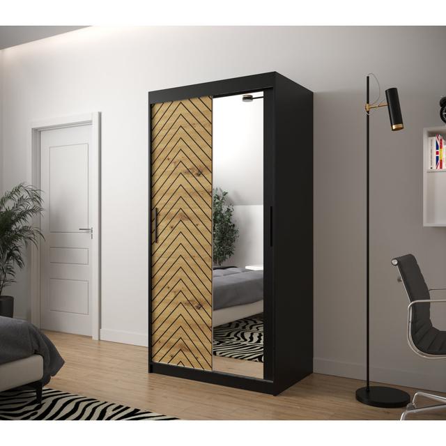 Haeun Sliding Door Wardrobe Ebern Designs Size: 200cm H x 100cm W x 62cm D, Finish: Natural/Black on Productcaster.