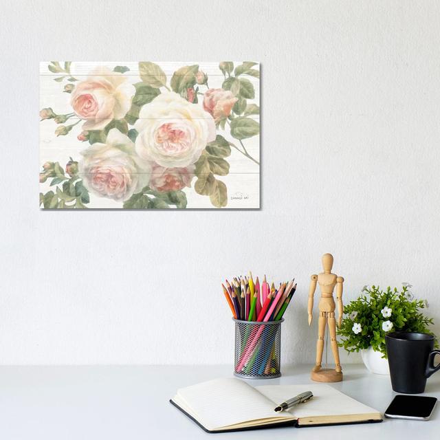 Vintage Roses White On Shiplap Crop by Danhui Nai - Wrapped Canvas Painting ClassicLiving Size: 20.32cm H x 30.48cm W x 1.91cm D on Productcaster.