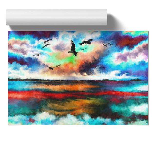 Birds over a Colourful Ocean - Unframed Painting East Urban Home Size: 30cm H x 42cm W x 0.1cm D on Productcaster.