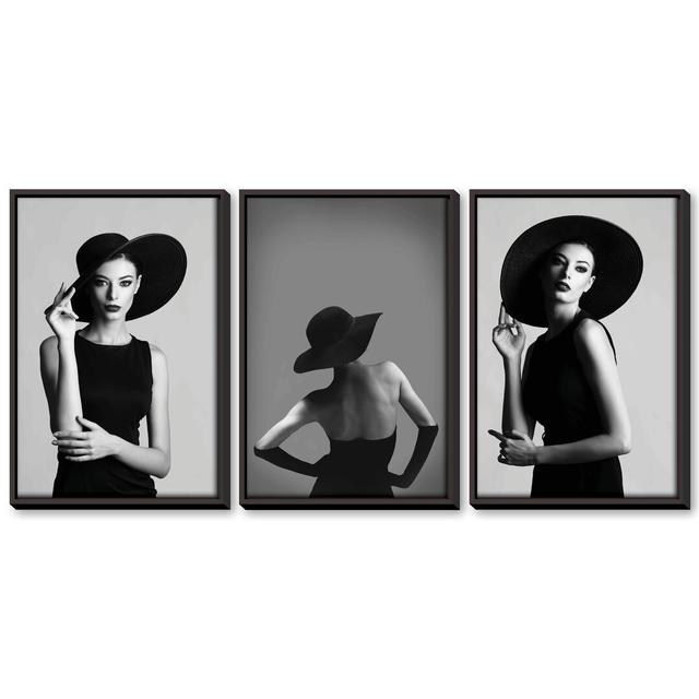 Envogue Woman - 3 Piece Photograph Set on Canvas Clock Canvas Size: 45cm H x 90cm W x 4.5cm D, Format: Black Framed on Productcaster.