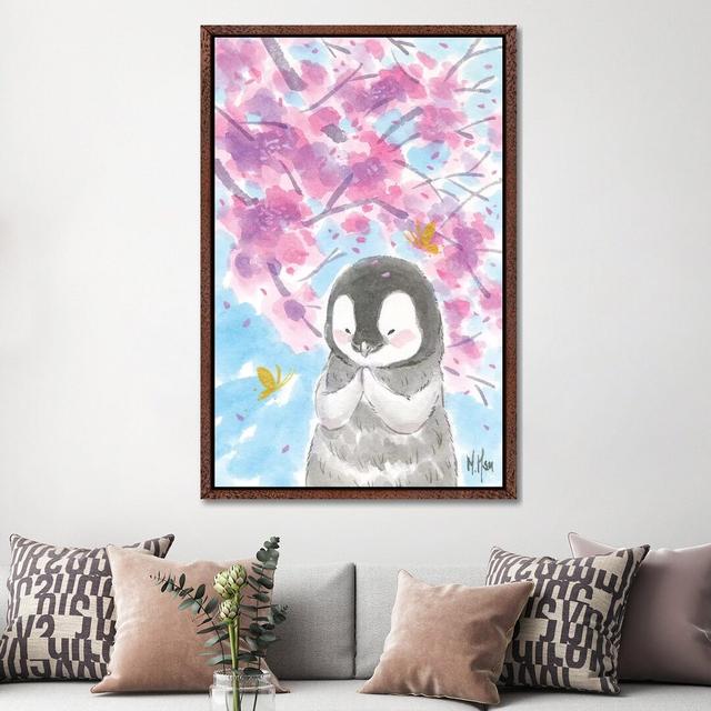 Cherry Blossom Penguin - Print on Canvas Harriet Bee Format: Classic Brown Wood Framed, Size: 152.4cm H x 101.6cm W x 3.81cm D on Productcaster.