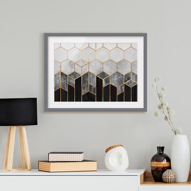 Golden Hexagons Black White - Picture Frame Graphic Art on Paper Canora Grey Frame Option: Grey Framed, Size: 30cm H x 40cm W x 2cm D on Productcaster.