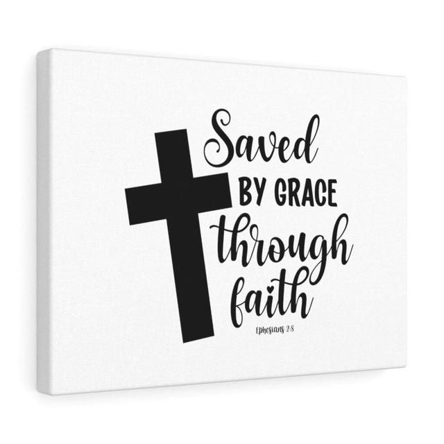 Saved by Grace Ephesians 2:8 - Wrapped Canvas Typography Blue Elephant Size: 28cm H x 36cm W on Productcaster.