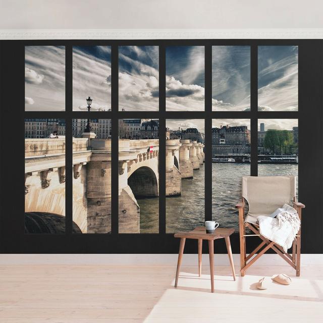 Window with View of Parisian Bridge Semi-Gloss Wallpaper Roll East Urban Home Size: 3.84m x 255cm on Productcaster.