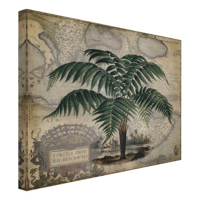 Vintage Collage - Palm Tree and World Map - Wrapped Canvas Graphic Art Bay Isle Home Format: 330g/m³ recycled canvas, Size: 75cm H x 100cm W on Productcaster.