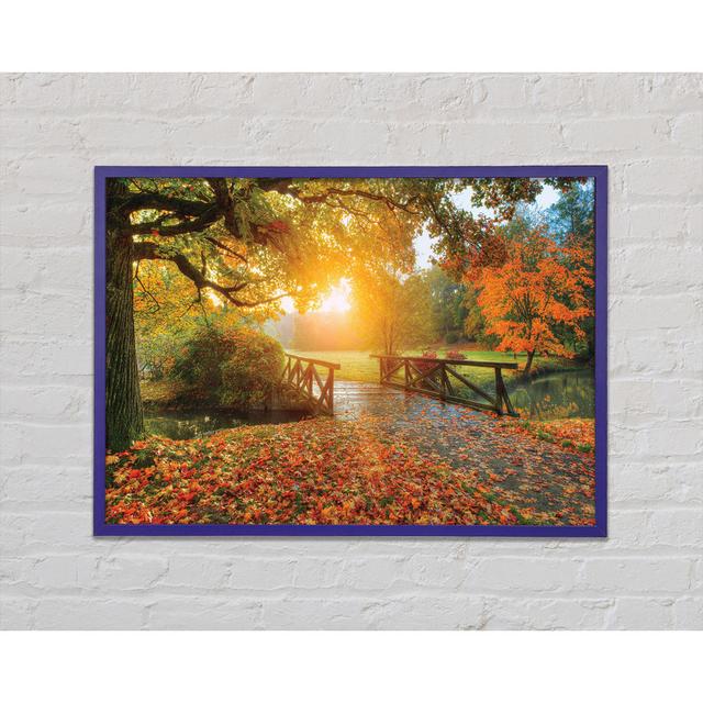 Leinwandbild Woodland Bridge Autumn Tranqulity Brayden Studio Größe: 59,7 cm H x 84,1 cm B x 2 cm T, Format: Poster mit blauem Rahmen on Productcaster.